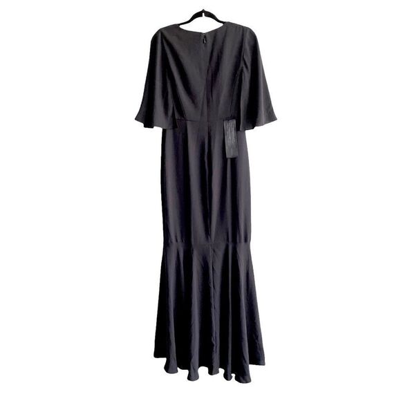BCBGMAXAZRIA Cape Sleeve V-Neck Asymmetrical Ruffle Maxi Dress Black 6 - Picture 5 of 6
